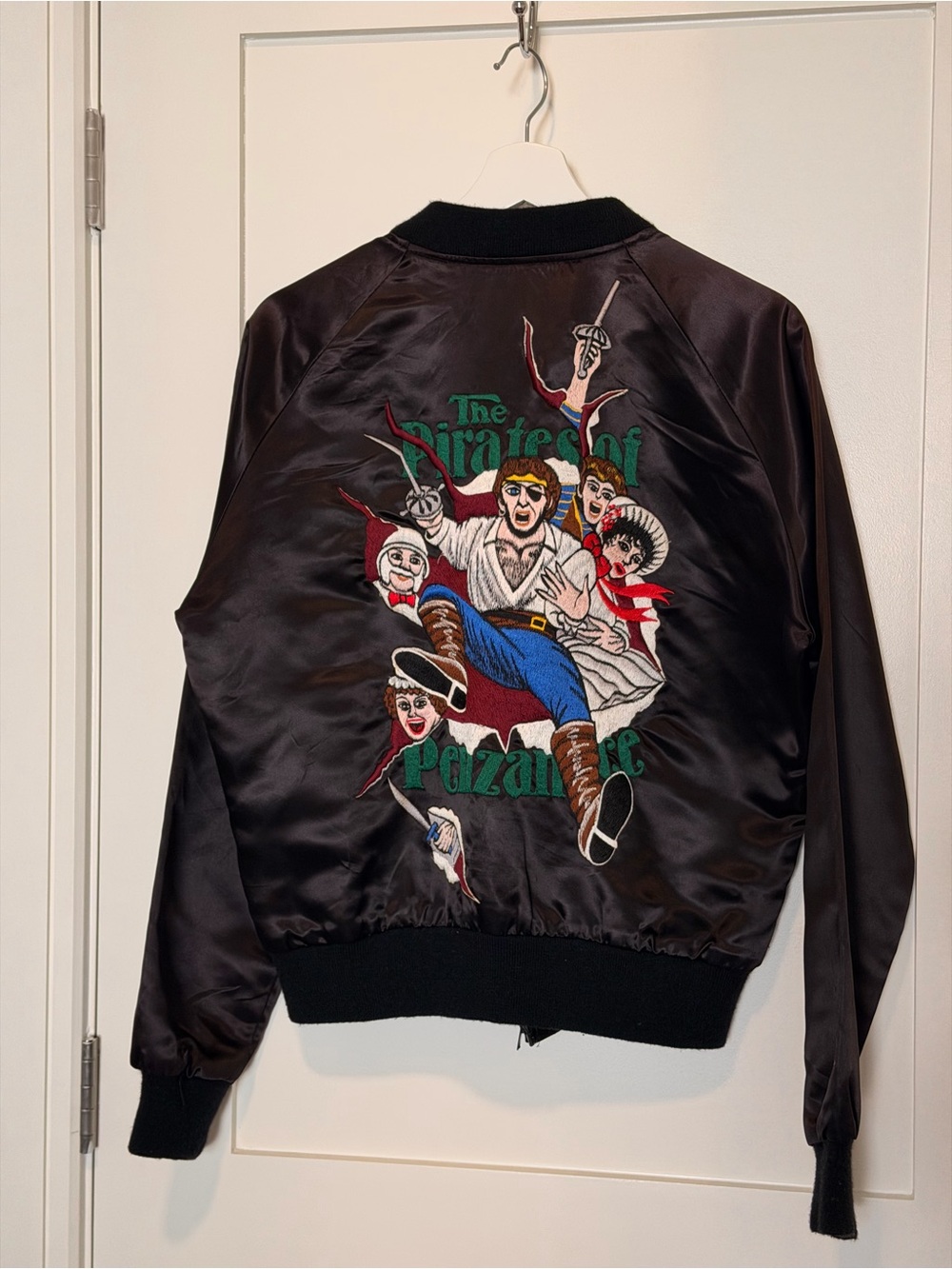 VINTAGE Black Satin Bomber Jacket with Red Script Embroidery by